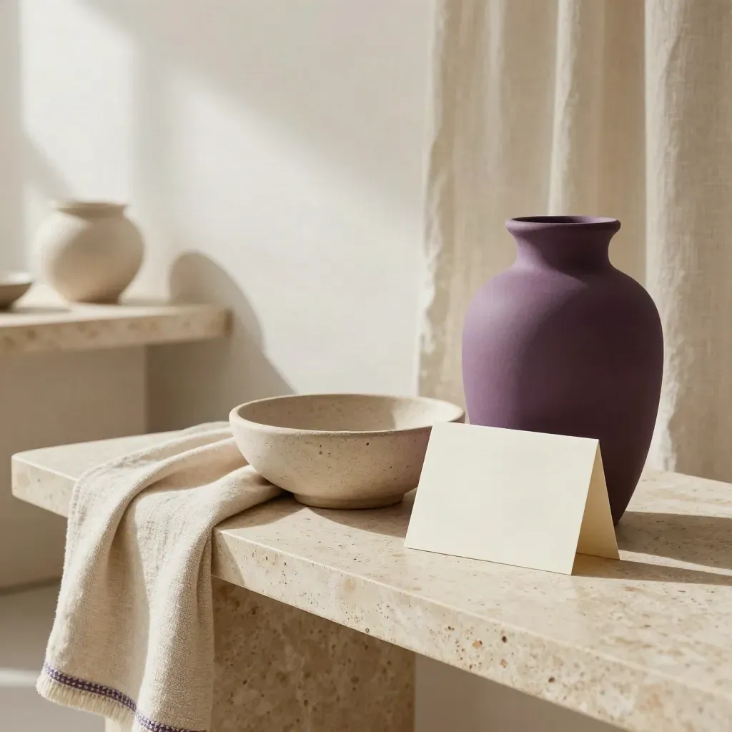 Tre arredi viola su console in travertino, luce soffusa e tessuto di lino in una casa elegante.