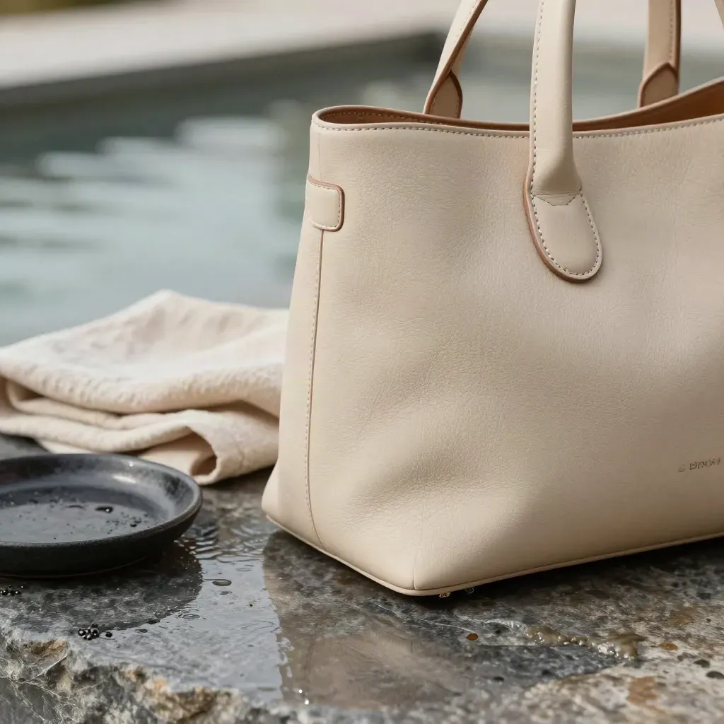 Borsa in pelle sabbia su pietra bagnata con lino e vassoio ceramico scuro