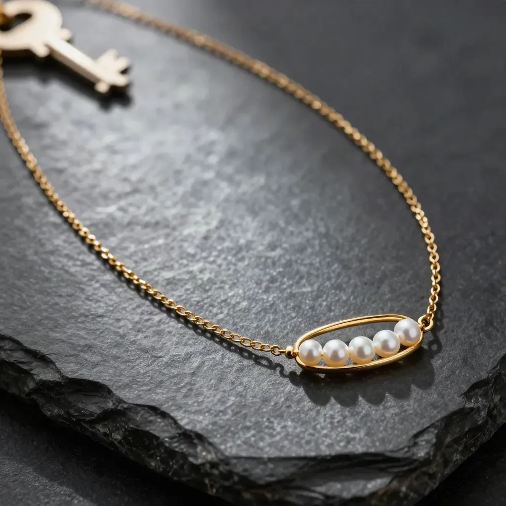Collana sottile dorata con perla avorio su pietra nera, luce drammatica.