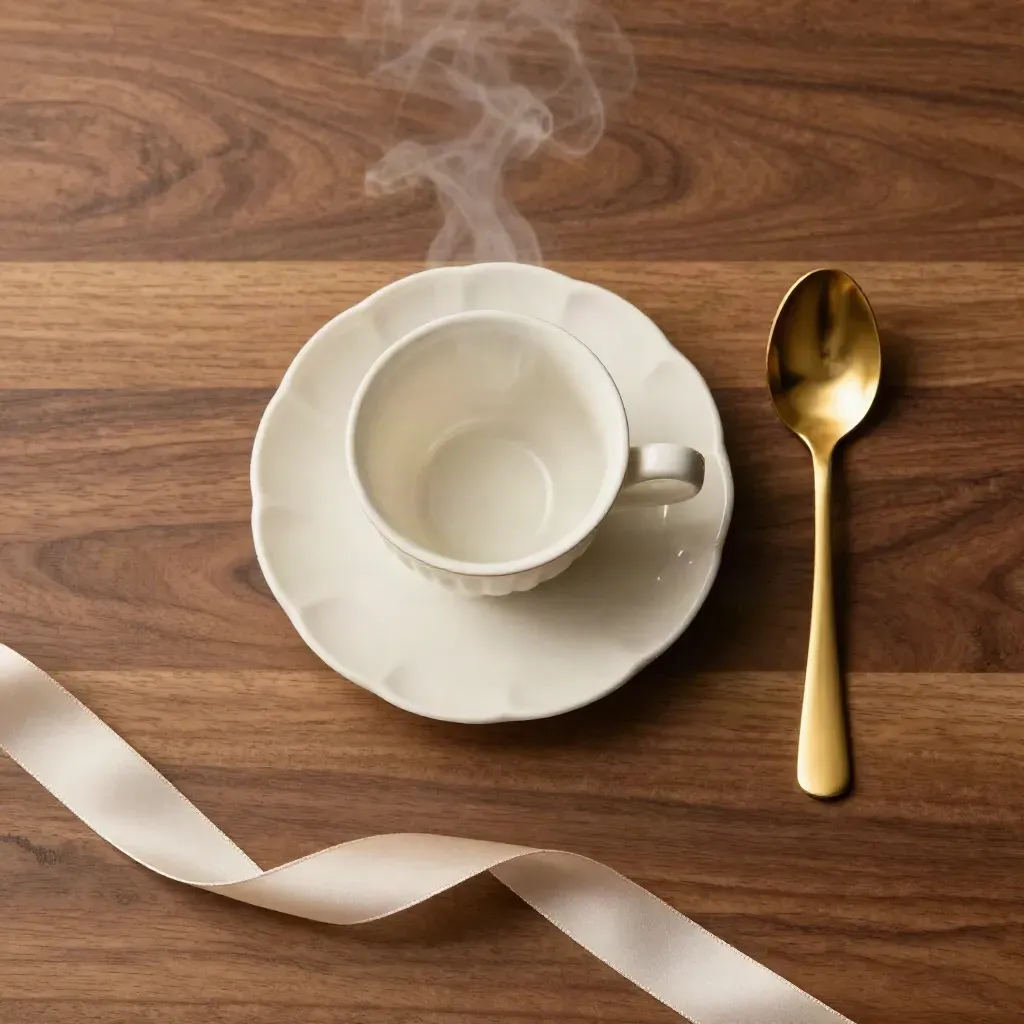 Tazza in ceramica avorio con piattino, cucchiaino dorato e nastro morbido su legno caldo.