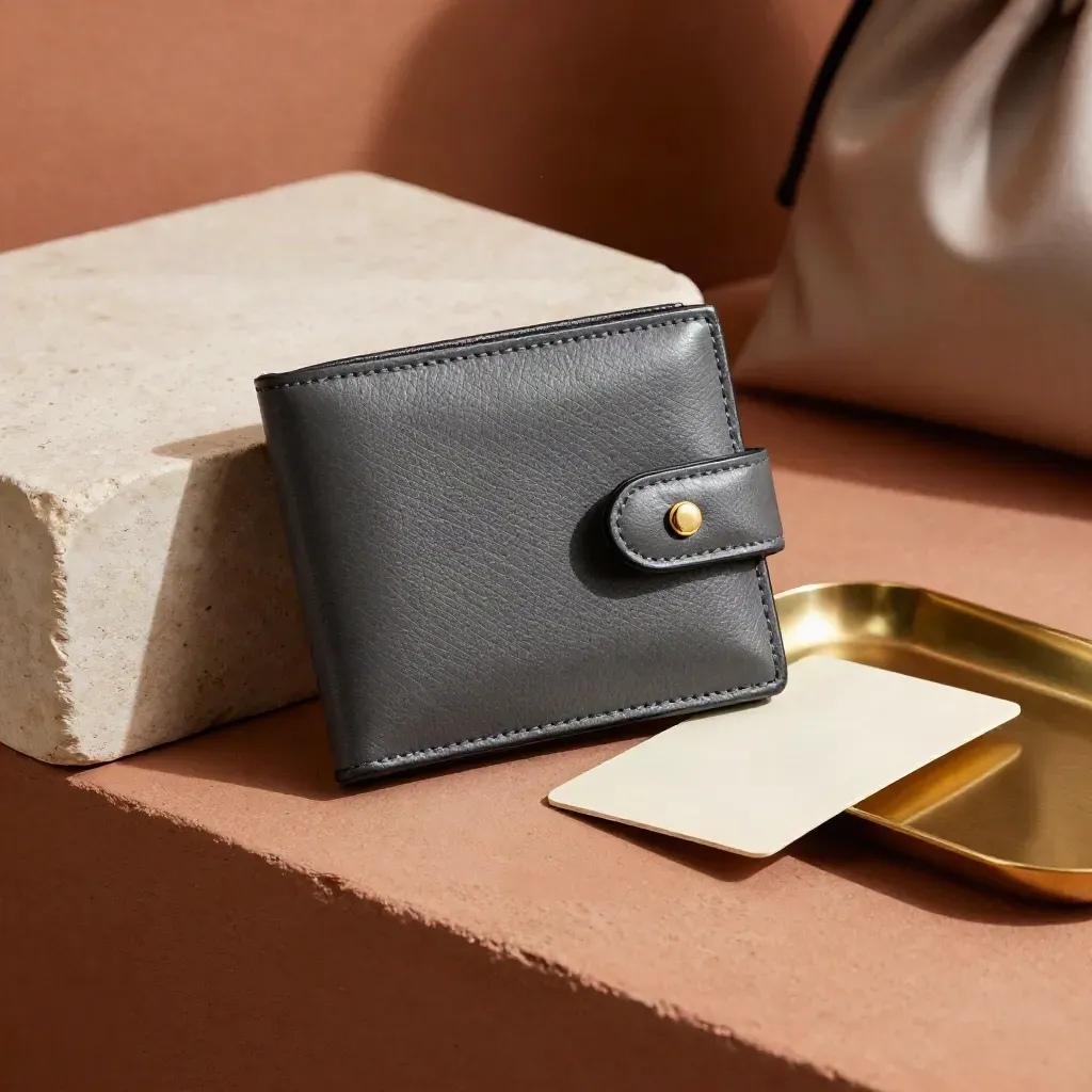 Portafoglio nero in pelle con dettagli oro su base terracotta, luce morbida da studio.