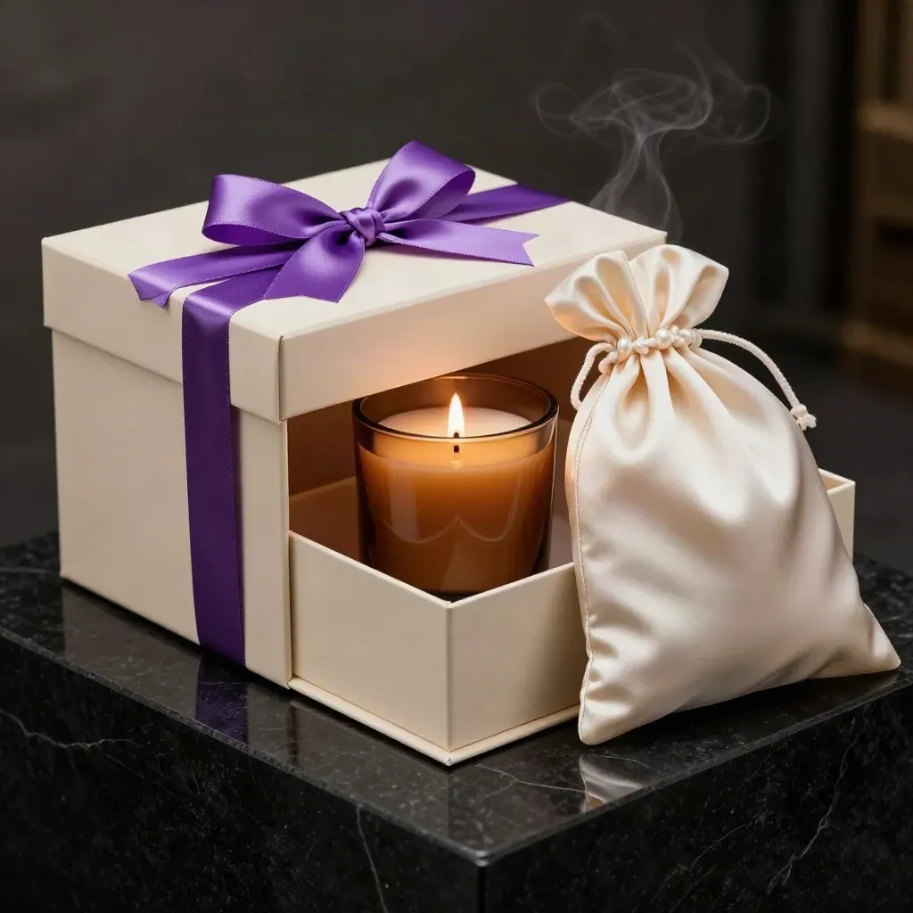 Set regalo avorio con nastro viola, candela ambrata e pochette satinata su sfondo nero.