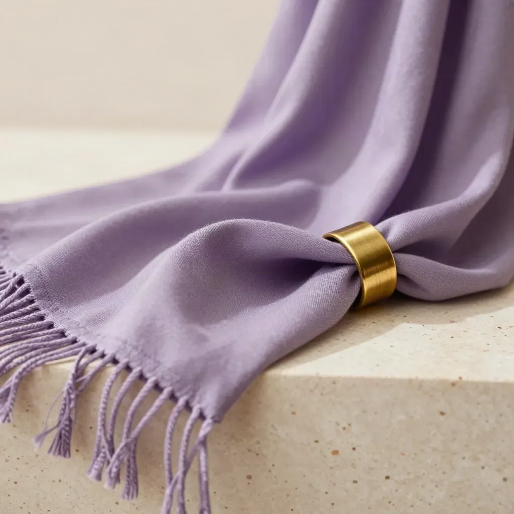 Foulard lavanda in viscosa leggera su travertino con accento oro.