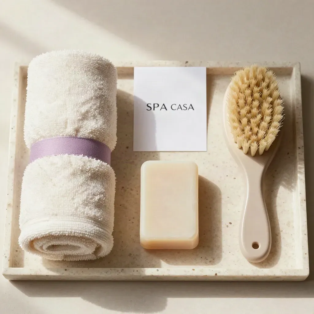 Flat lay spa con asciugamano arrotolato, sapone e spazzola su vassoio travertino, luce morbida.