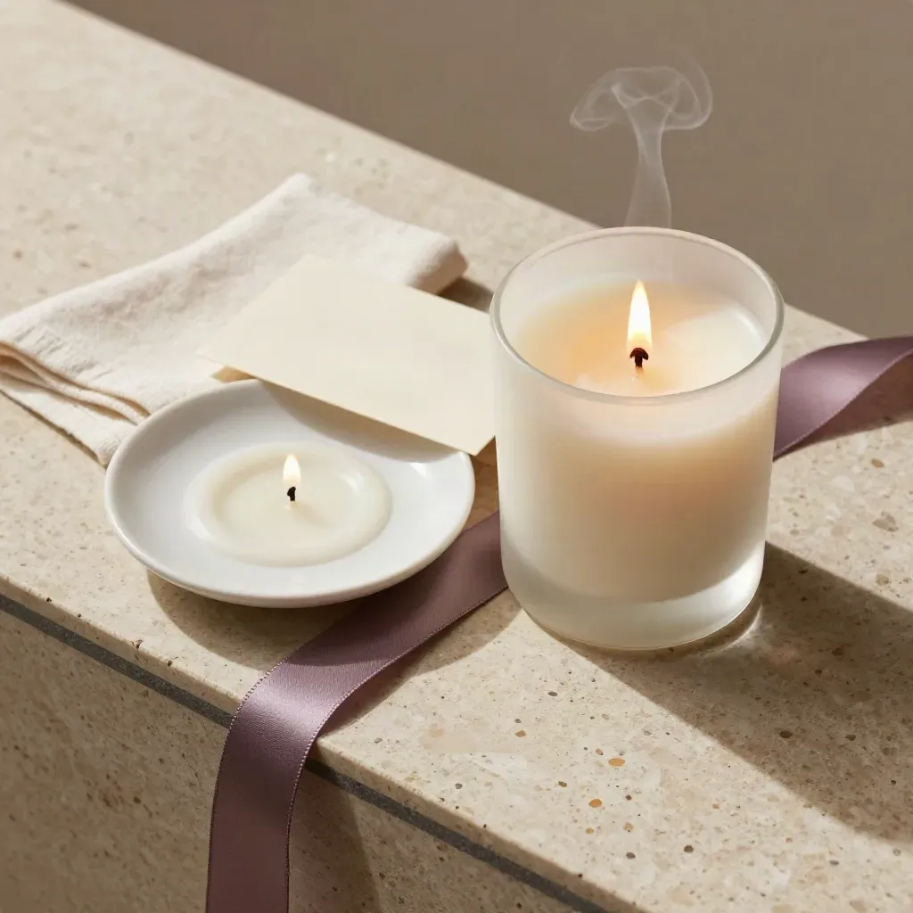 Candela alla vaniglia con piattino ceramico, anello di cera e card sfocata su pietra chiara.