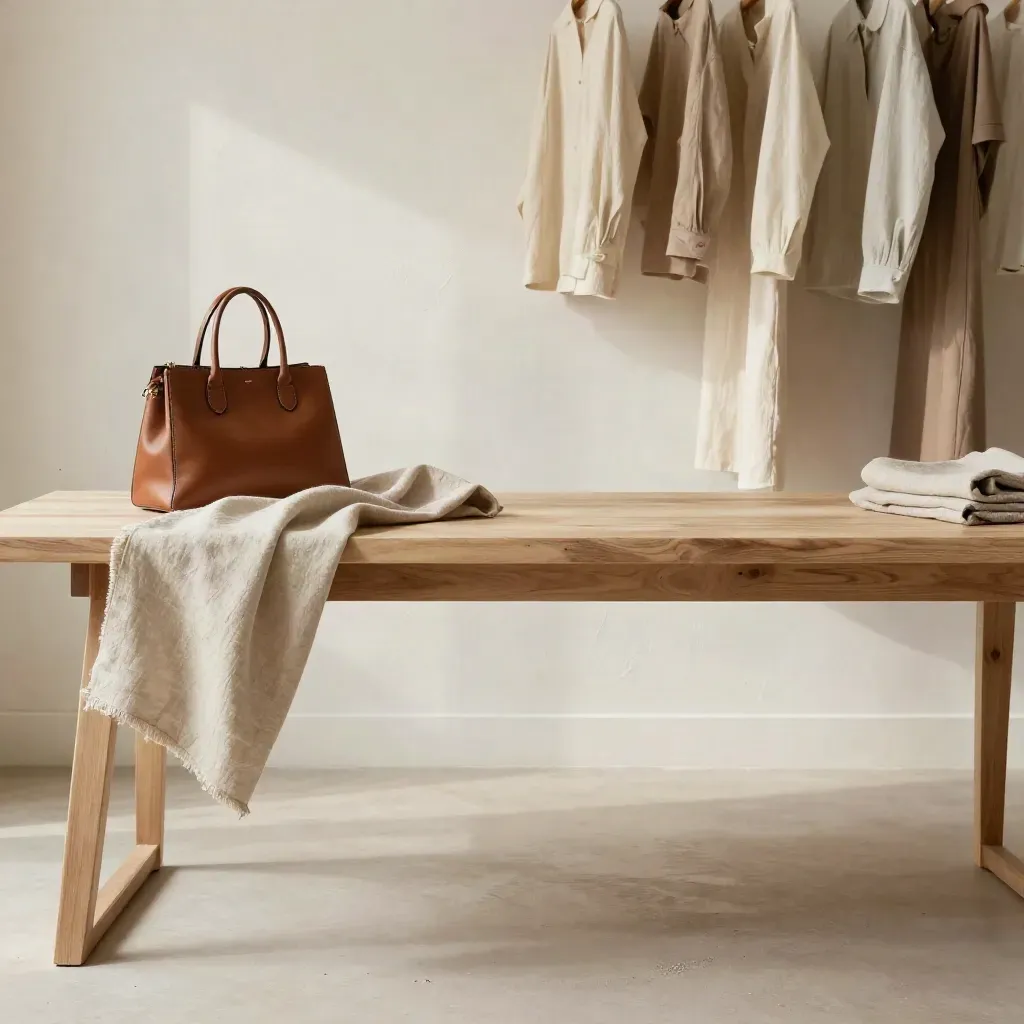 Atelier luminoso con tessuti avorio sospesi e tavolo in legno chiaro, luce morbida del mattino.