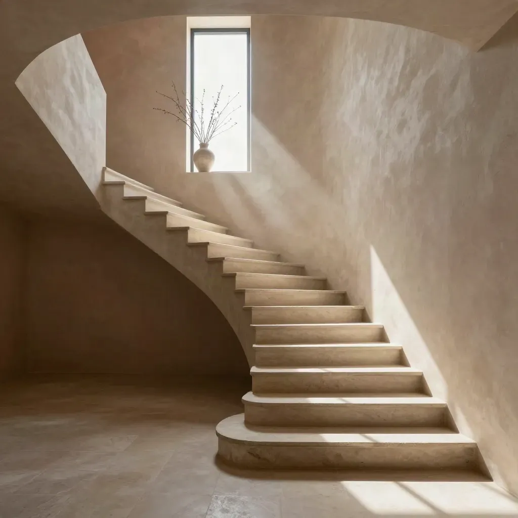 Scala in pietra chiara con finestra alta, rami secchi e luce pomeridiana morbida.